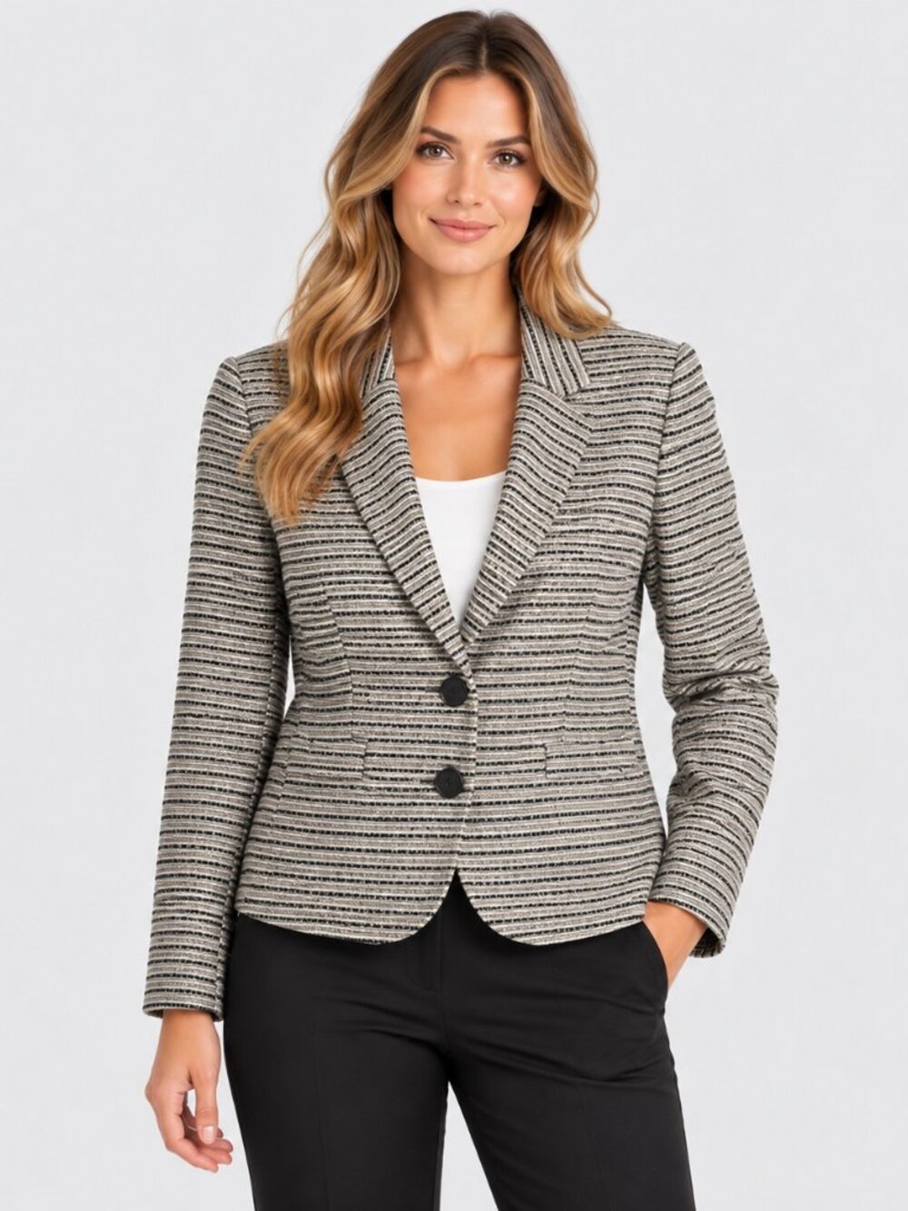 Calvin Klein Women’s Size 8 Black White Striped Textured Blazer Jacket 2 Button